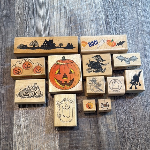 Halloween Fall Wooden Rubber Stamp Set Lot Witch Pumpkin Vintage Hero Arts PSX - Picture 1 of 12